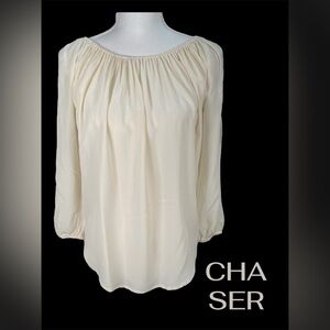 Chaser | 100% Silk Cream On/Off Shoulder Cut Out Sleeve Blouse